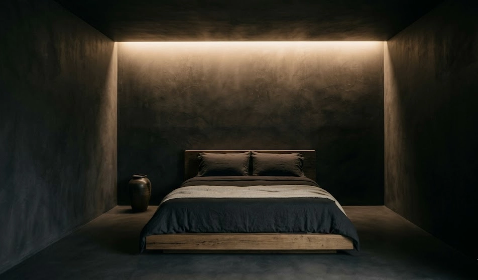 Deep charcoal microcement walls and floor in a windowless guest suite, Noosa hinterland residence