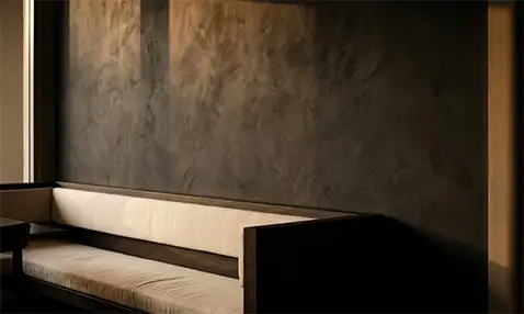 Charcoal hand-troweled Venetian plaster wall in a Brisbane restaurant interior, with timber banquette and cream linen detail