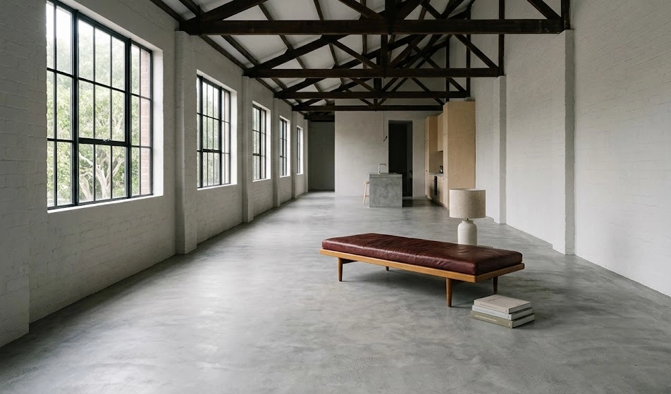 Seamless matte concrete-grey microcement flooring across an open-plan converted warehouse loft, Teneriffe