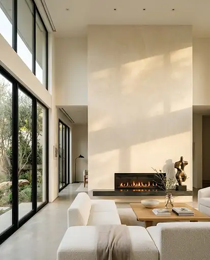 Premium hand-trowelled Venetian plaster fireplace feature wall in a Brisbane luxury home