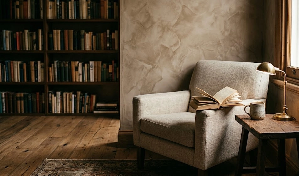 Hand-troweled warm taupe Venetian plaster feature wall in a Paddington home library, Brisbane